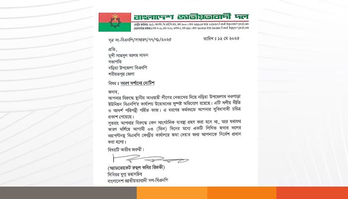 নড়িয়া উপজেলা বিএনপি সভাপতির বিরুদ্ধে বিএনপি নেতার অভিযোগ