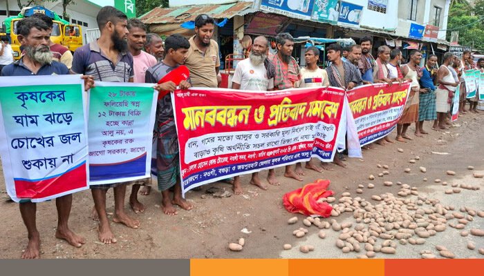 ন্যায্য মূল্যের দাবিতে সড়কে আলু ফেলে কৃষকদের মানববন্ধন